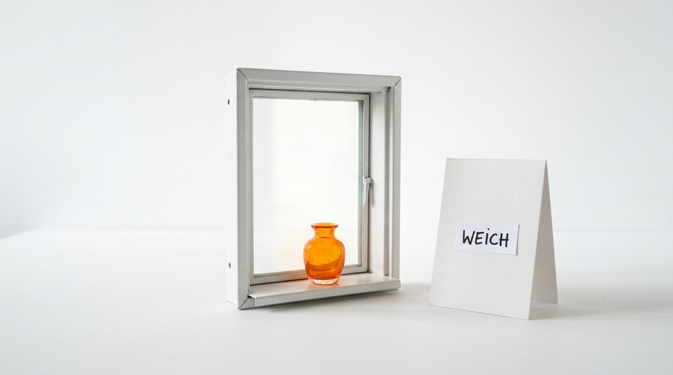 Modellfenster mit kleiner oranger Vase und Aufsteller mit dem Wort