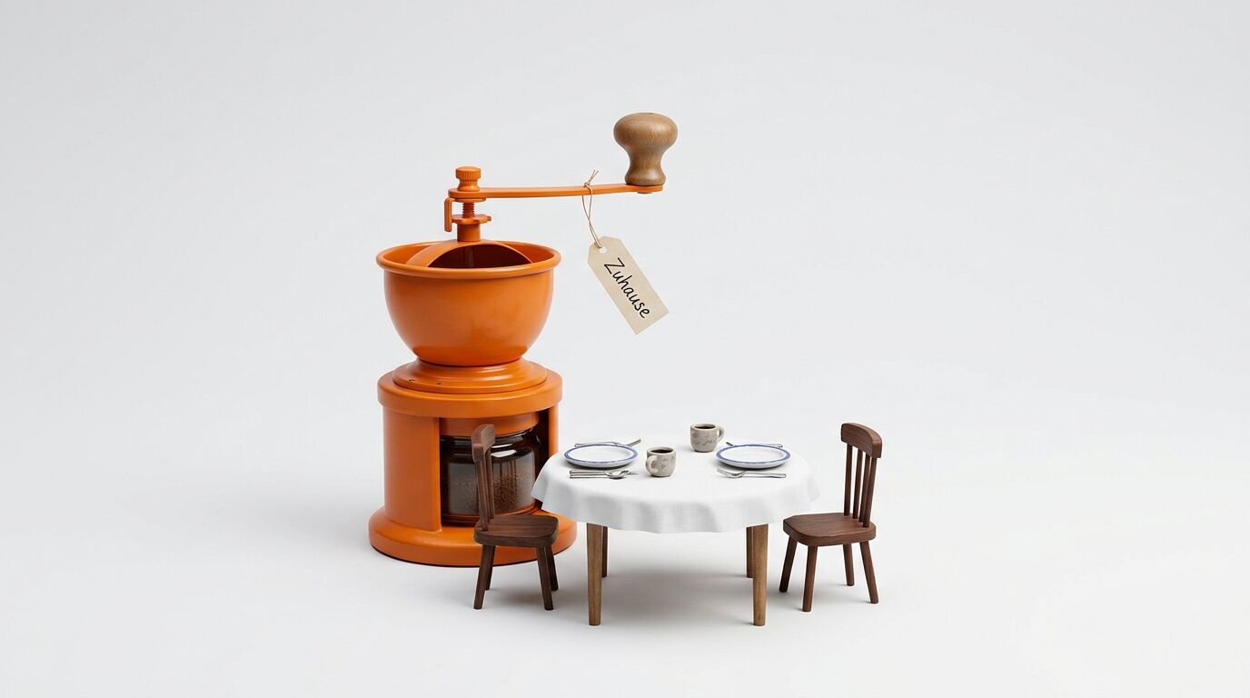 Orangefarbene Kaffeemühle neben Miniatur-Esstisch und -Stühlen auf weißem Hintergrund