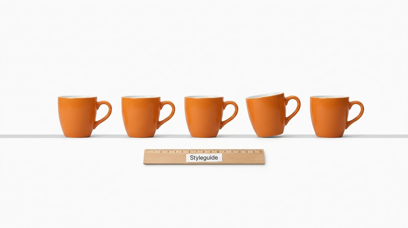 Fünf orangefarbene Tassen in einer Reihe, davor ein Lineal mit der Aufschrift „Styleguide“