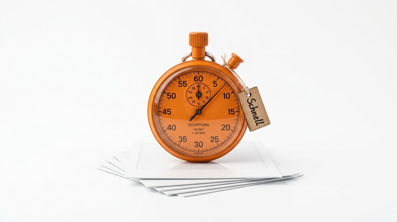 Eine orangefarbene Stoppuhr mit einem Anhänger mit der Aufschrift „Schnell“ auf einem Stapel Papier