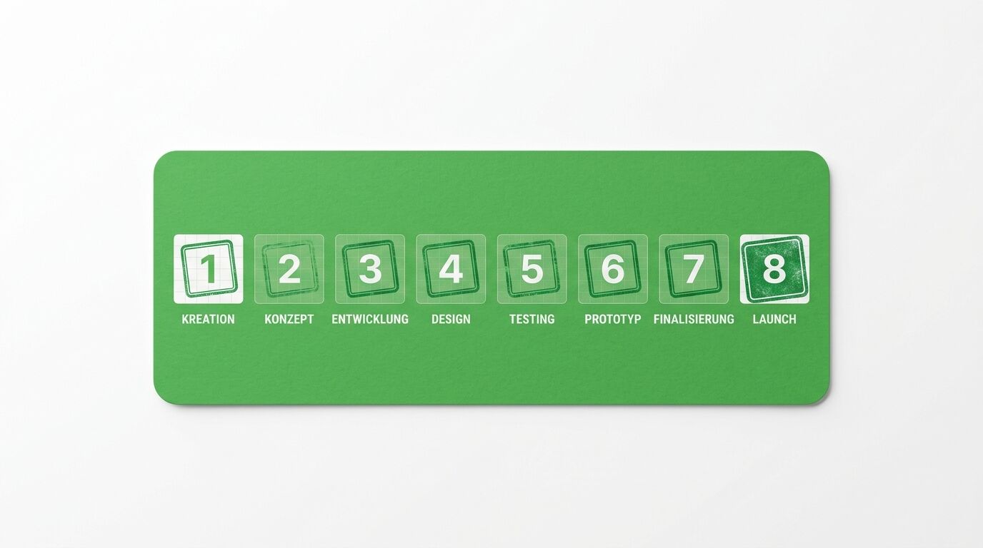 Acht grüne Schritte einer Produktentwicklung: Kreation, Konzept, Entwicklung, Design, Testing, Prototyp, Finalisierung, Launch