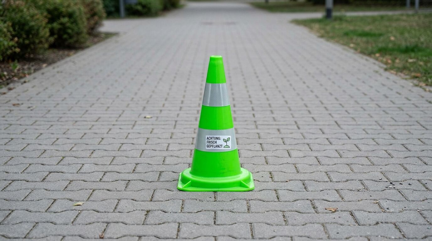 Ein grüner Verkehrskegel mit reflektierendem Band steht auf einem Gehweg mit Pflastersteinen. Das Schild zeigt "Achtung: Frisch gepflanzt"
