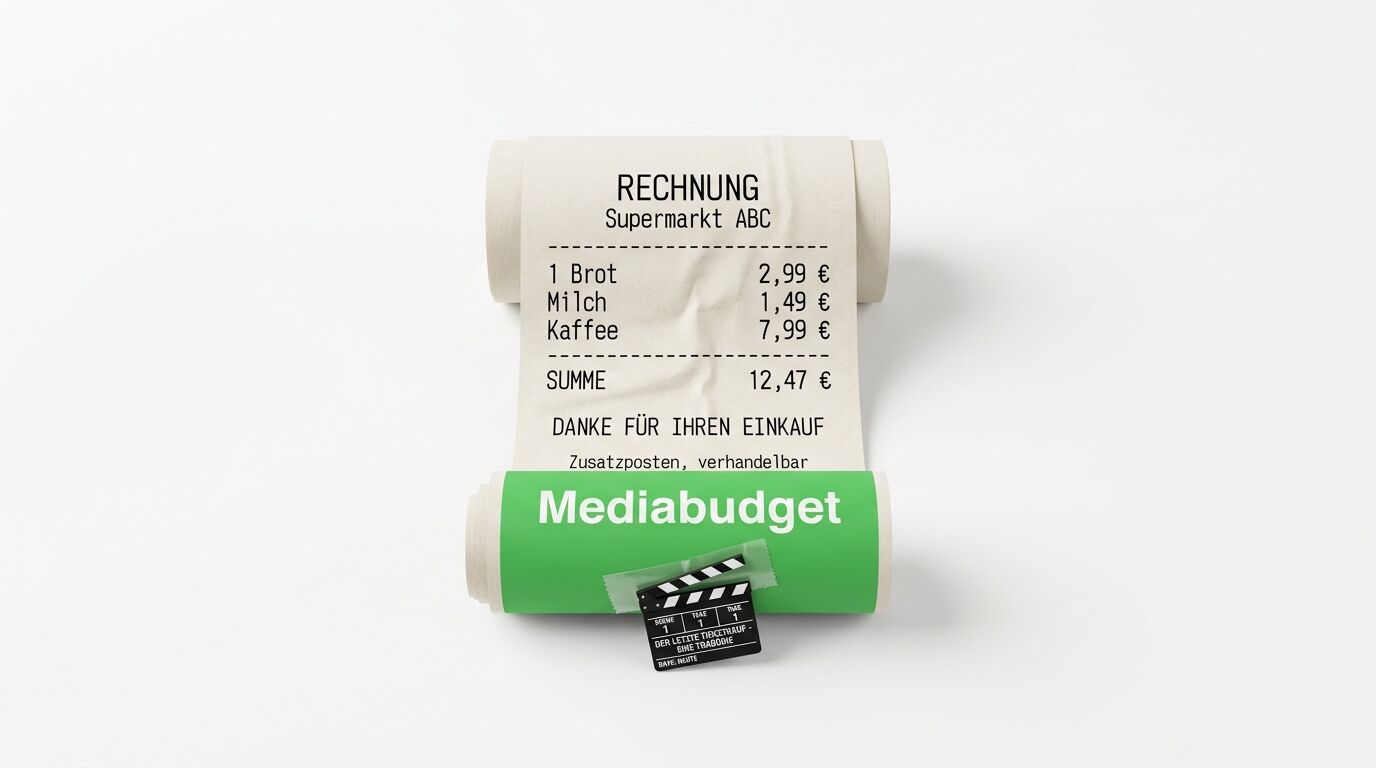 Kassenbon von Supermarkt ABC mit Artikel und Gesamtsumme 12,47€, daneben grüne Rolle mit Mediabudget-Schriftzug und Filmklappe