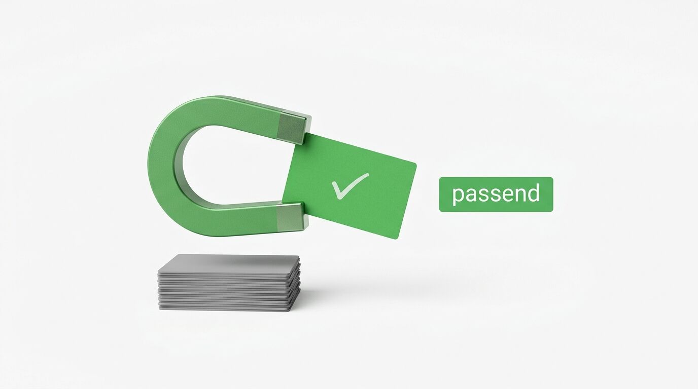 Grüne Prüfplakette mit Häkchen und "passend"-Label über gestapelten grauen Karten