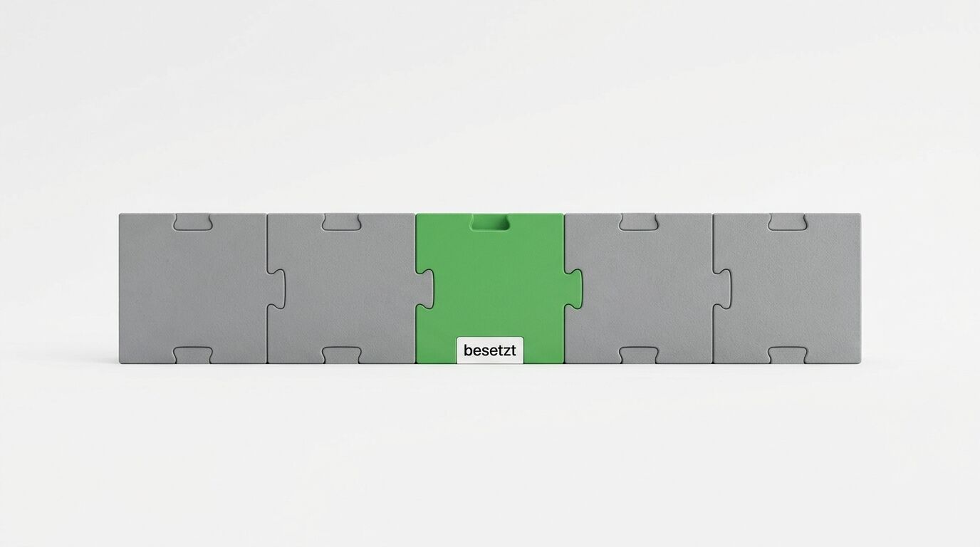 Fünf Puzzleteile in einer Reihe, das mittlere grün hervorgehoben mit der Aufschrift "besetzt"