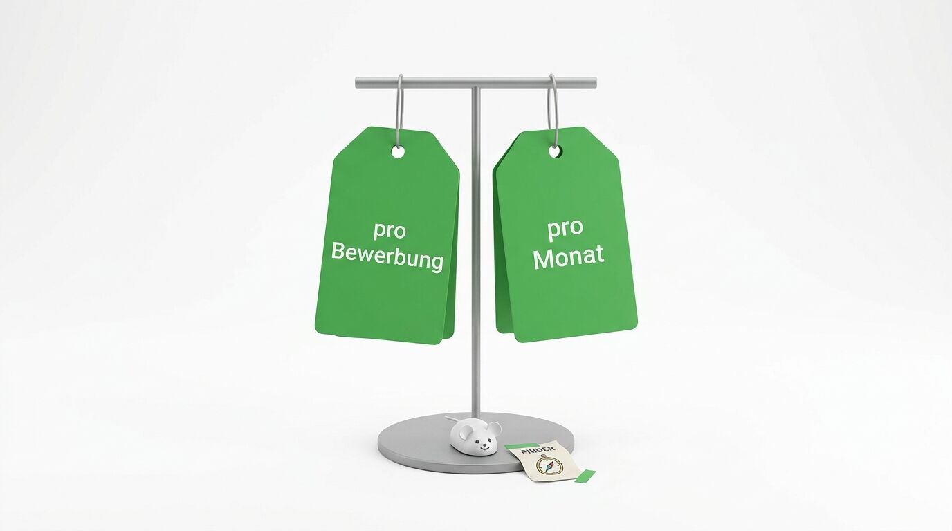 Eine Waage mit zwei grünen Etiketten: links "pro Bewerbung", rechts "pro Monat". Daneben liegen kleine Objekte