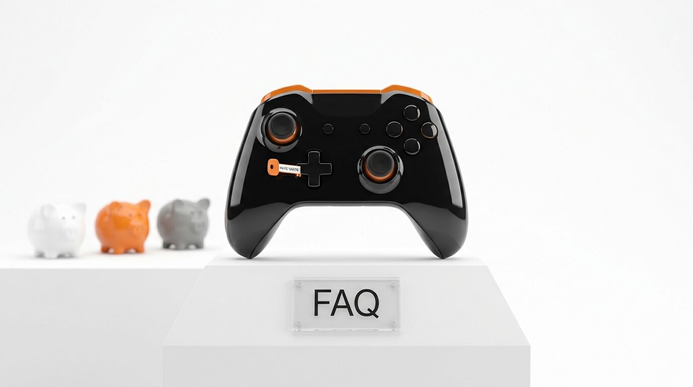 Gamepad auf Sockel, links drei Sparschweine, Beschriftung