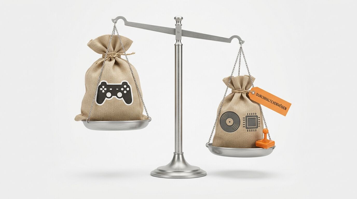 Hebelwaage mit zwei Sandsäcken: links mit Gamepad, rechts mit Schallplatte und Chip