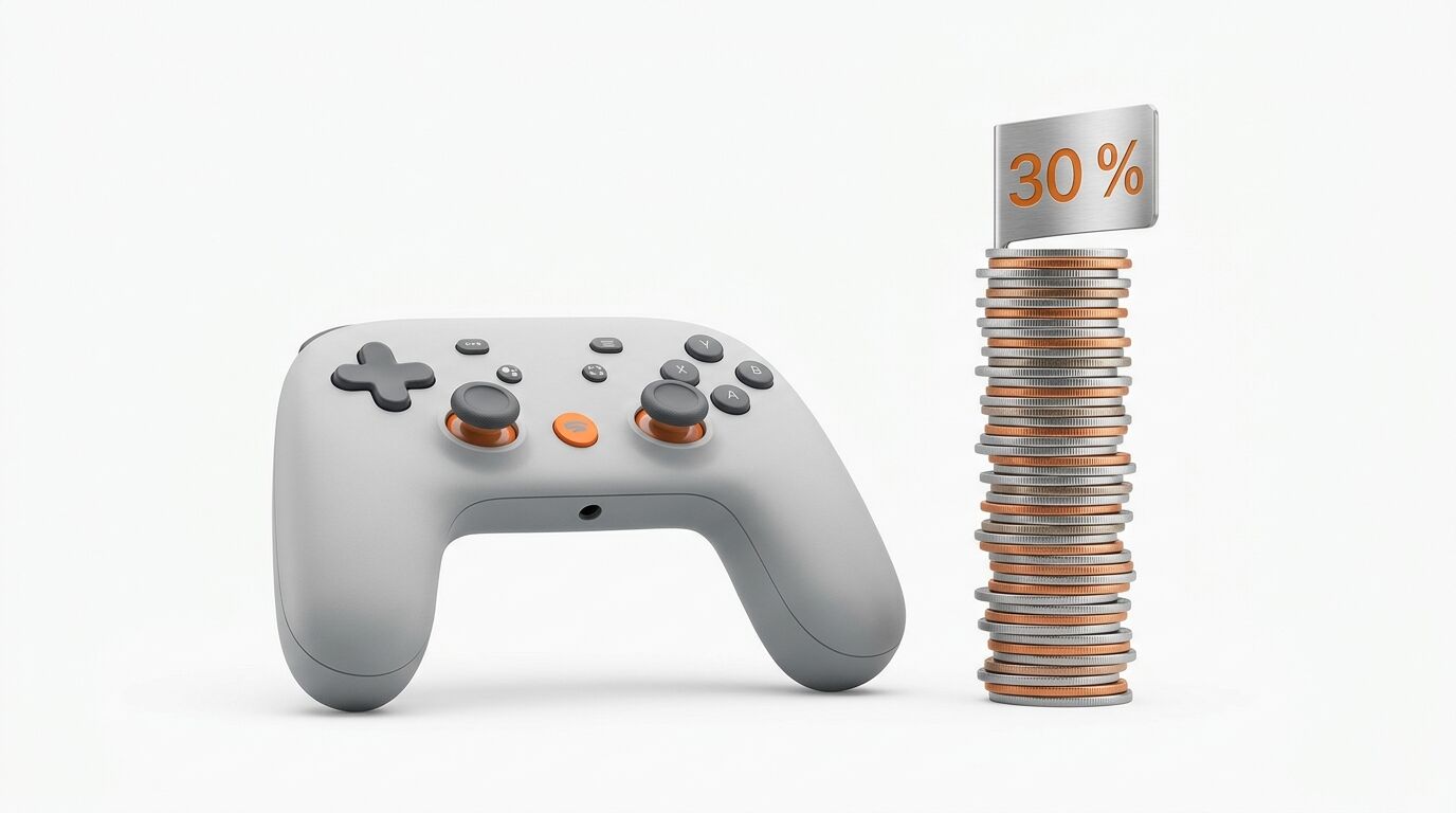 Ein grauer Gamecontroller neben einem Geldstapel mit einem 30-Prozent-Schild auf weißem Grund