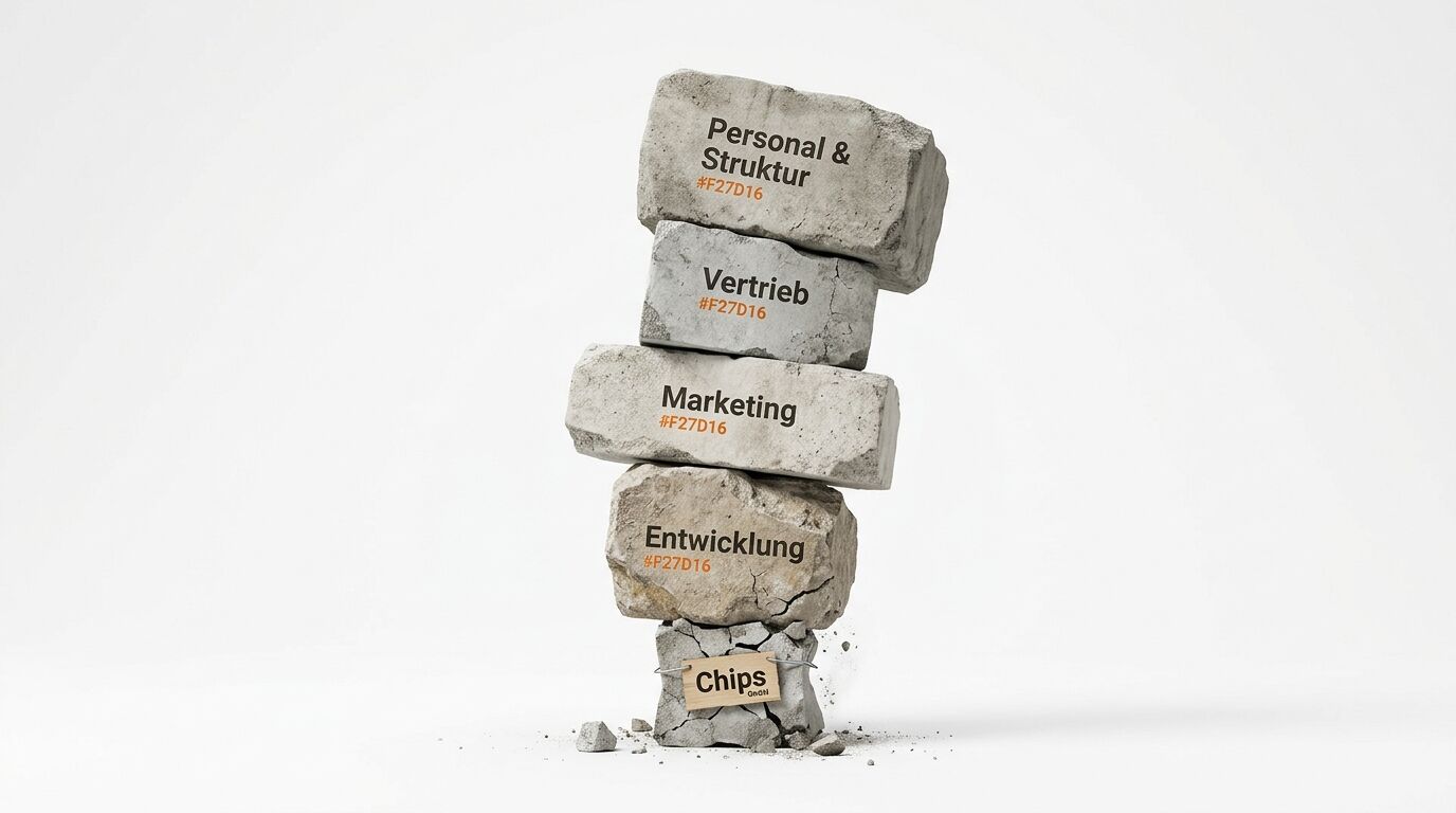 Steinstapel mit Begriffen (Personal, Vertrieb, Marketing, Entwicklung) auf Chips-Basis