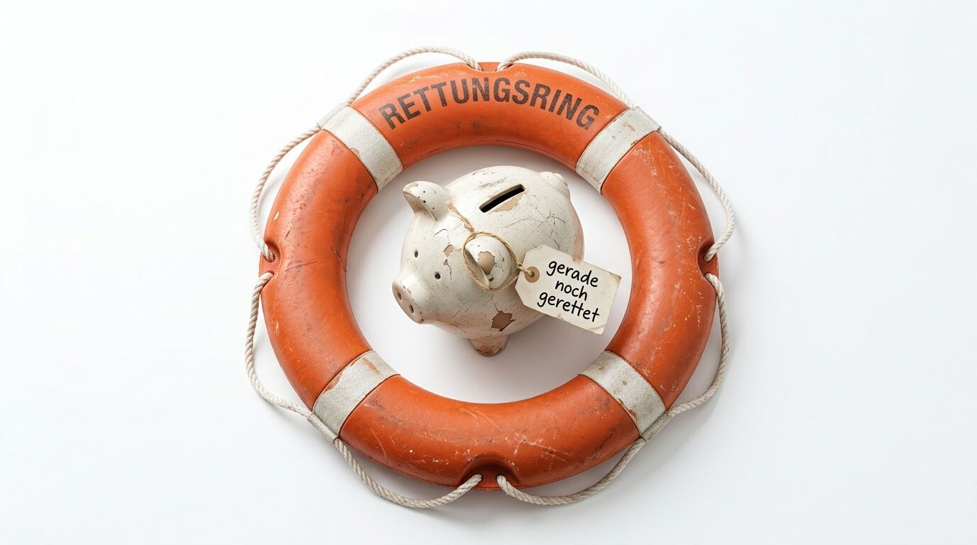 Sparschwein in Rettungsring mit Anhänger „gerade noch gerettet“ auf weißem Grund