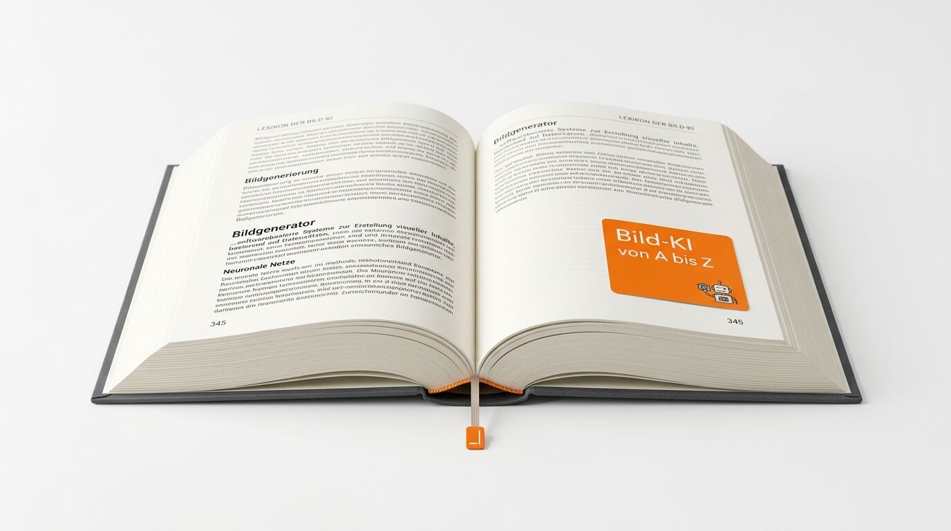 Geöffnetes Buch über Bild-KI mit Text und Lesezeichen auf weißem Grund