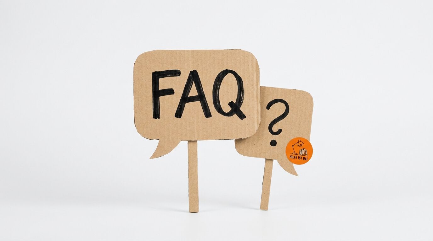 Zwei Sprechblasen-Schilder aus Pappe auf Holzstäben mit Aufschrift „FAQ“, Fragezeichen und Logo