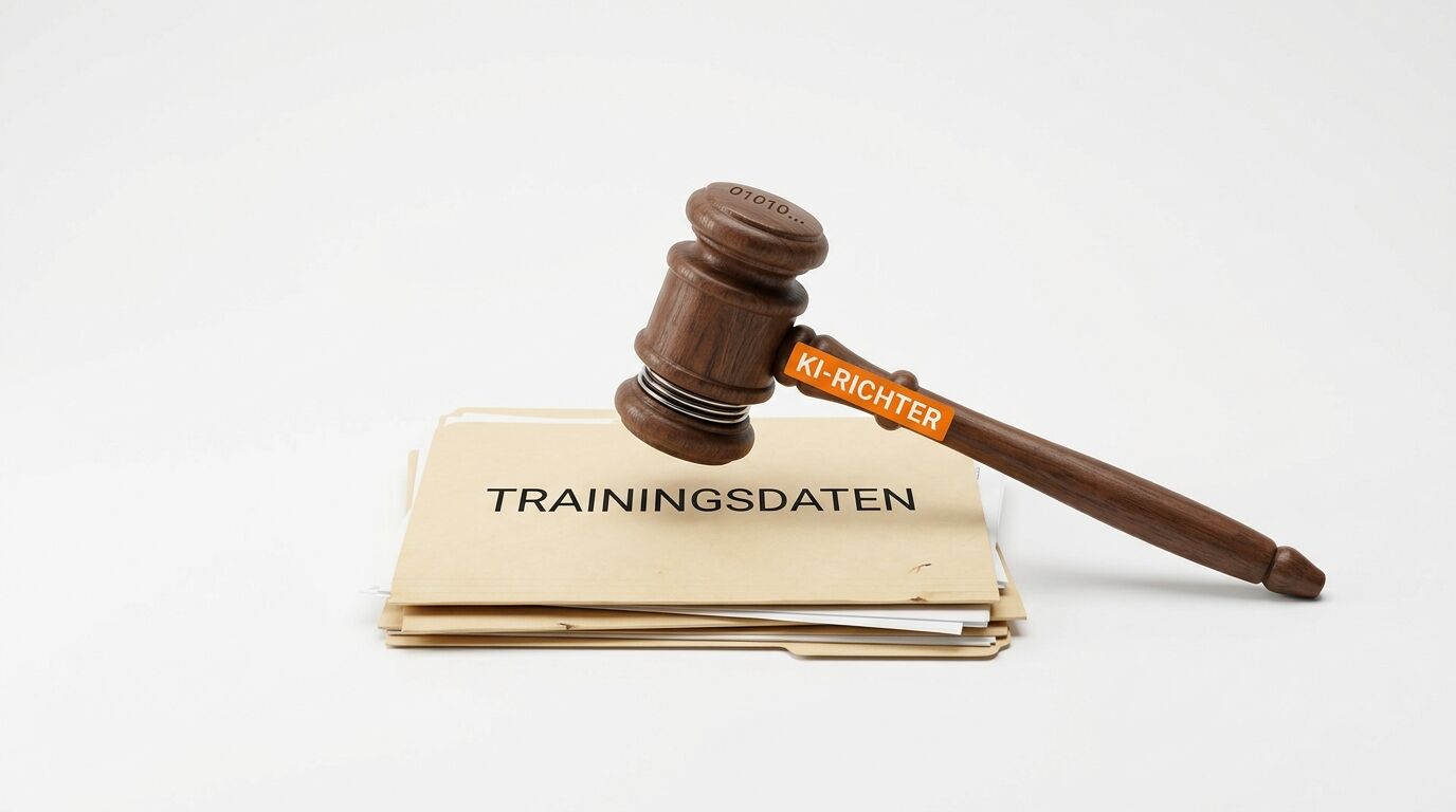 Gavel mit „KI-RICHTER“ und Binärcode liegt auf Aktenordner mit „TRAININGSDATEN“