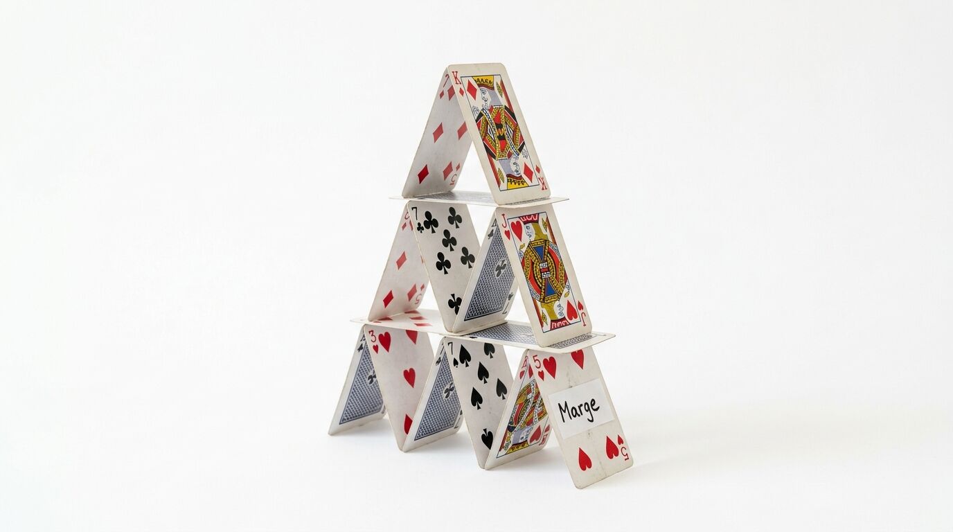 Ein dreistöckiges Kartenhaus aus Spielkarten steht auf einer weißen Fläche