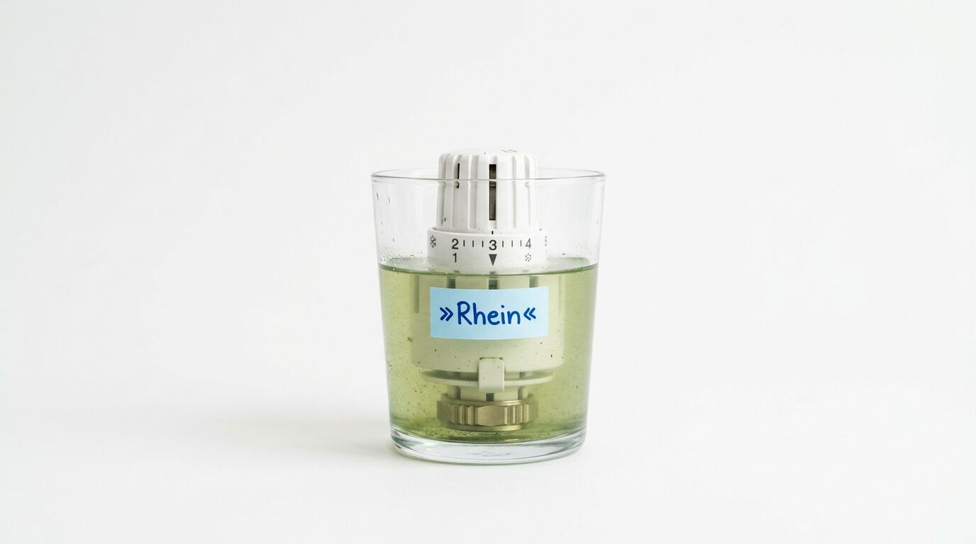 Heizkörperthermostat in Wasserglas mit blauem Aufkleber »Rhein«