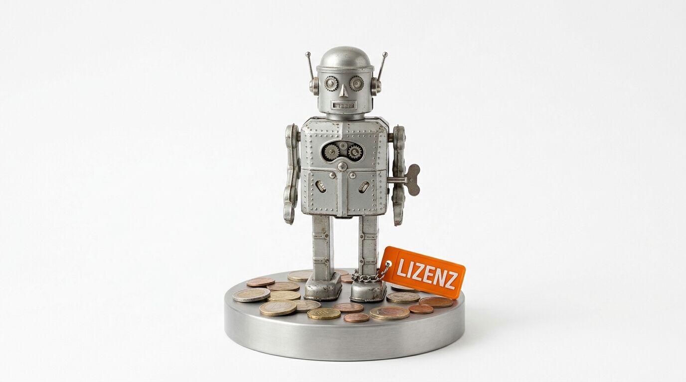 Metallroboter auf Münzstapel, an seiner Kette ein oranges Schild mit dem Wort Lizenz