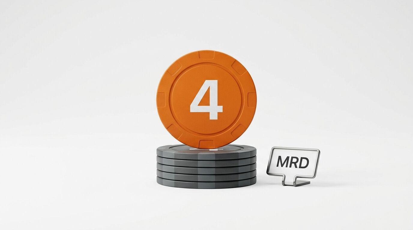 Ein Stapel grauer Jetons mit einem orangen Jeton oben, der die Zahl 4 zeigt, daneben ein „MRD“-Schild