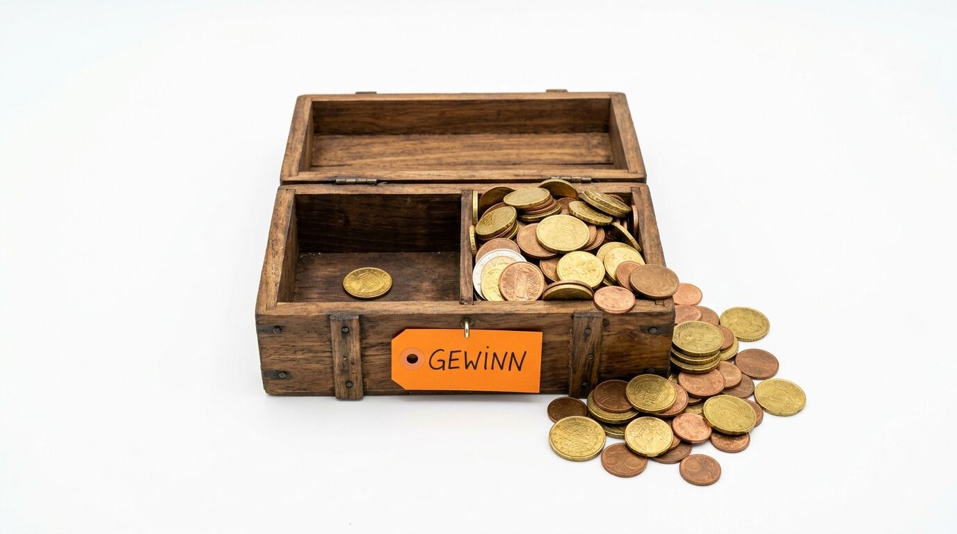 Offene Holzkiste mit Münzen, ein leeres Fach, Schild „GEWINN“ davor