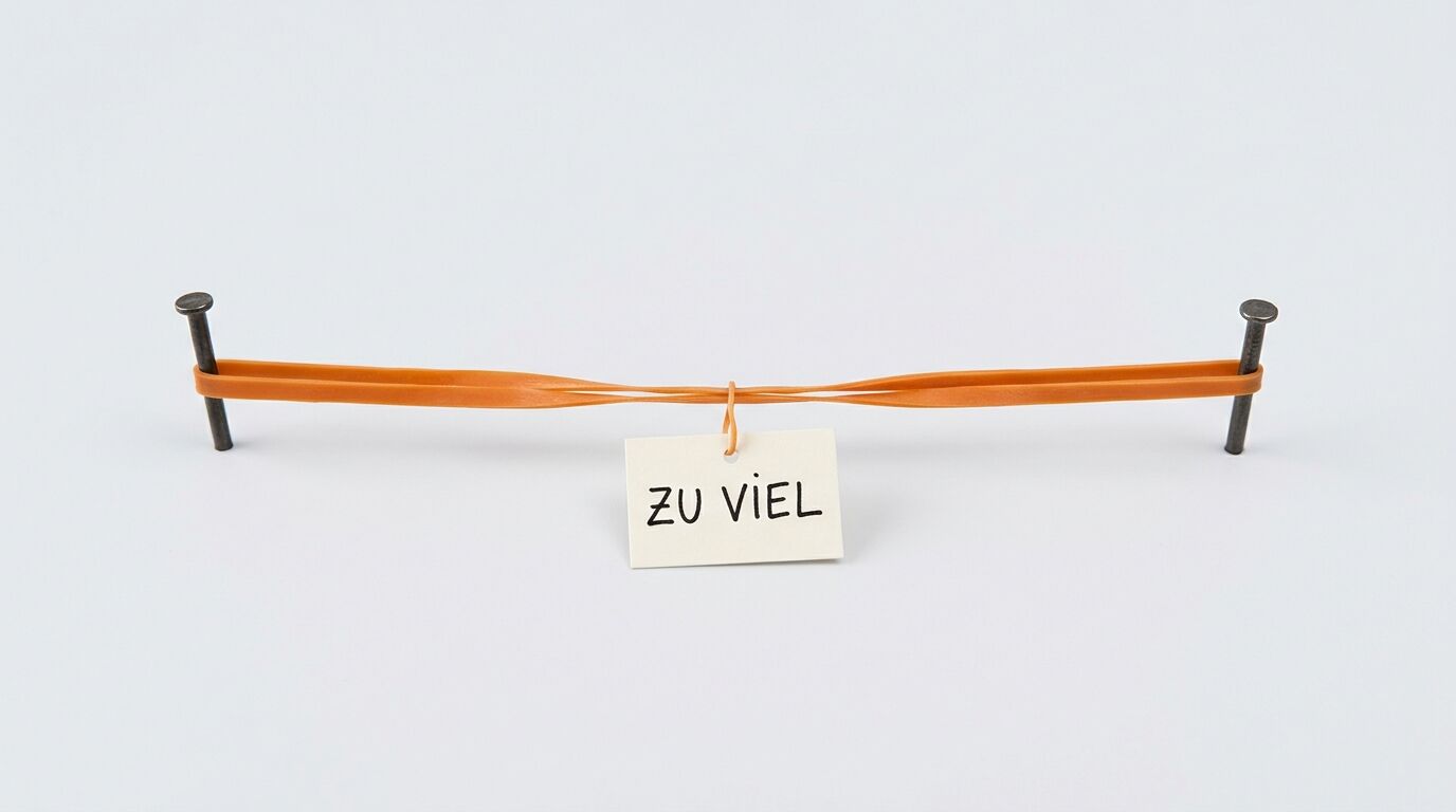 Zwei Nägel, ein Gummiband mit einem Schild