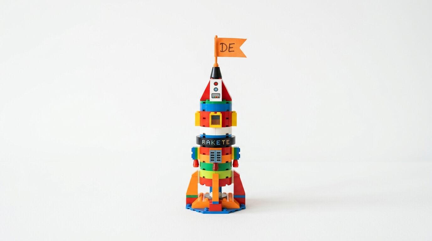 Bunte Lego-Rakete mit Aufschrift