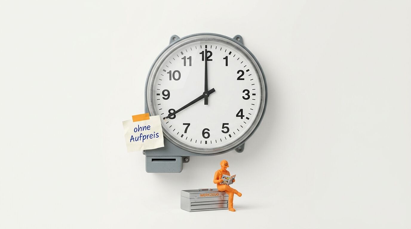 Große graue Wanduhr mit Notiz, davor eine auf einer Werkzeugkiste sitzende Miniaturfigur