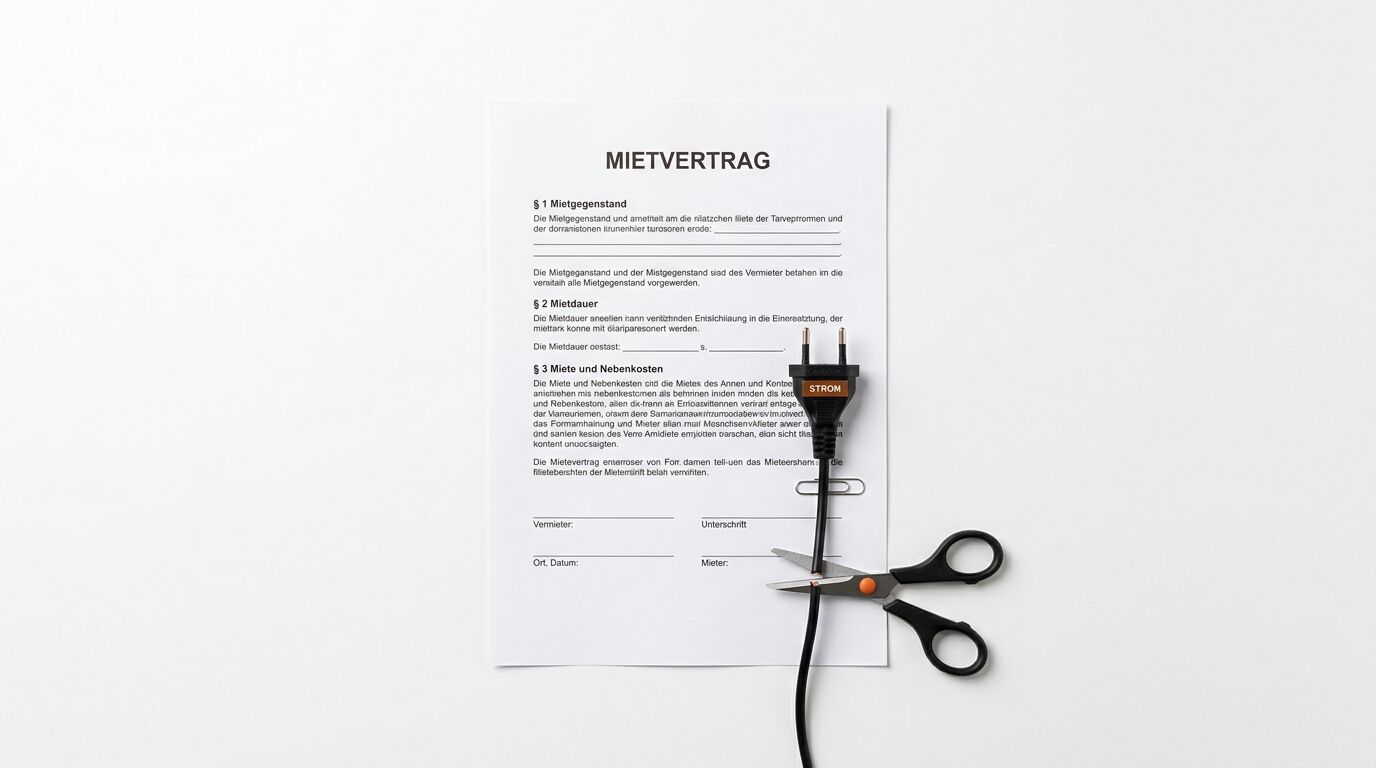 Mietvertrag auf Papier, ein Stromstecker und eine Schere, die das Kabel davor durchschneidet