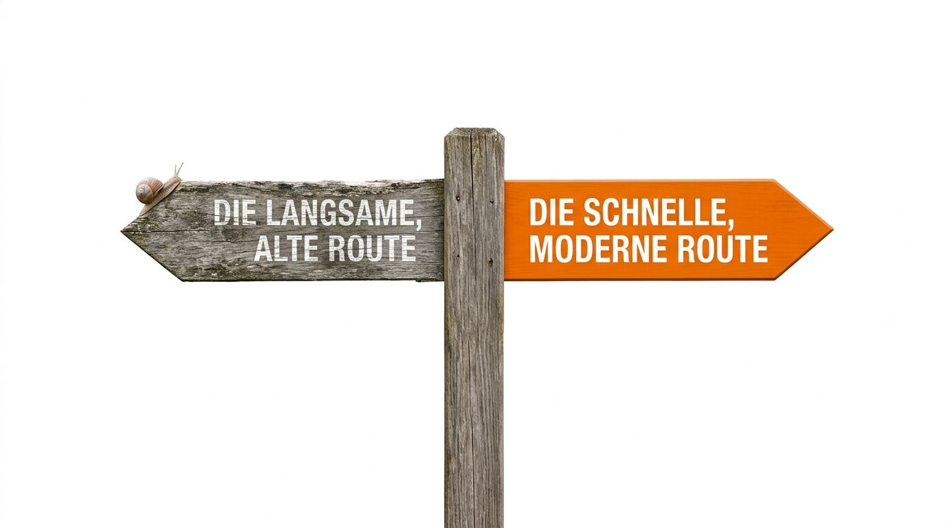 Wegweiser: links altes Holz mit Schnecke, rechts orange mit modernem Text, auf weißem Grund