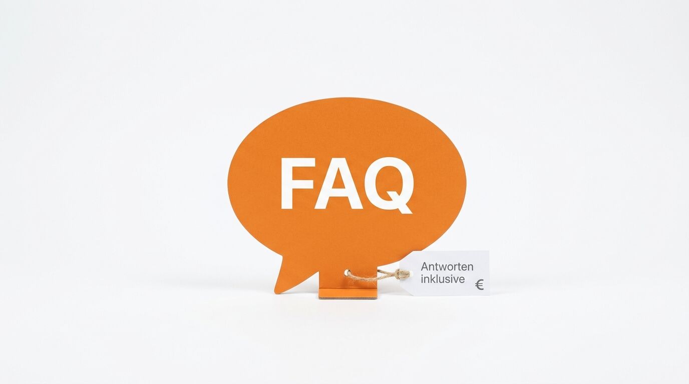Oranges FAQ-Schild mit Preiszettel „Antworten inklusive €“ auf hellem Grund