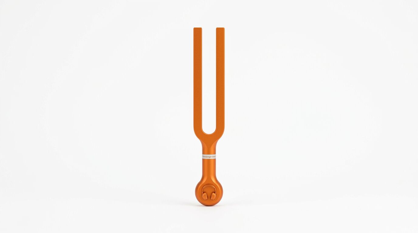 Orangefarbene Stimmgabel mit Kopfhörer-Symbol am Griff auf weißem Grund