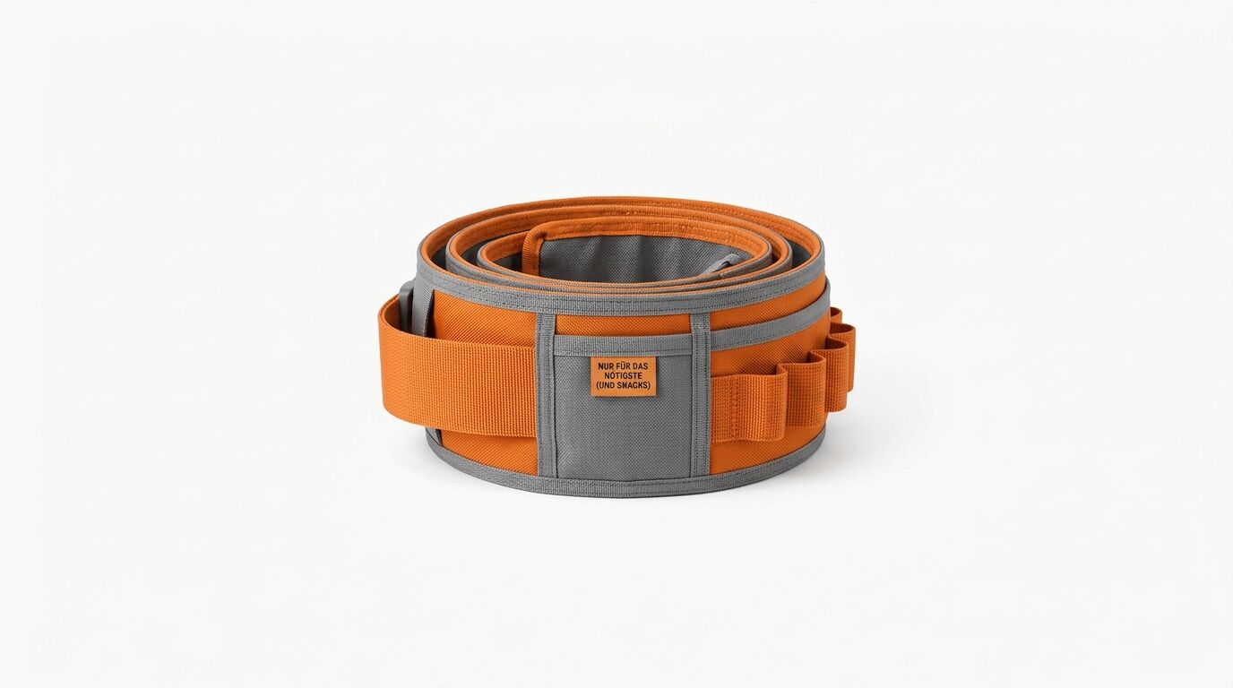 Gerollter orange-grauer Organizer-Gurt mit Taschen und einem Etikett, auf dem steht: NUR FÜR DAS NÖTIGSTE (UND SNACKS) auf einem weißen Hintergrund