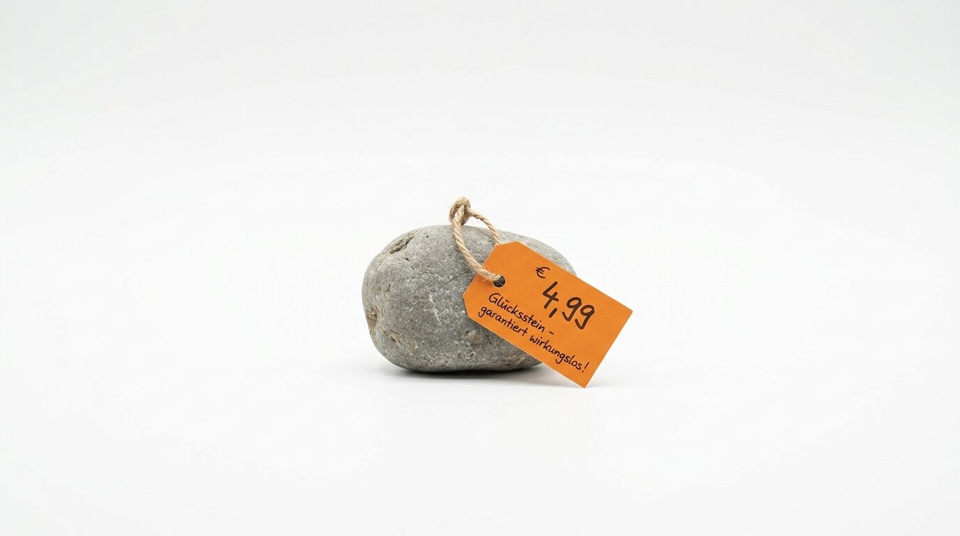 Ein Stein mit einem orangefarbenen Preisschild für 4,99 € auf weißem Hintergrund