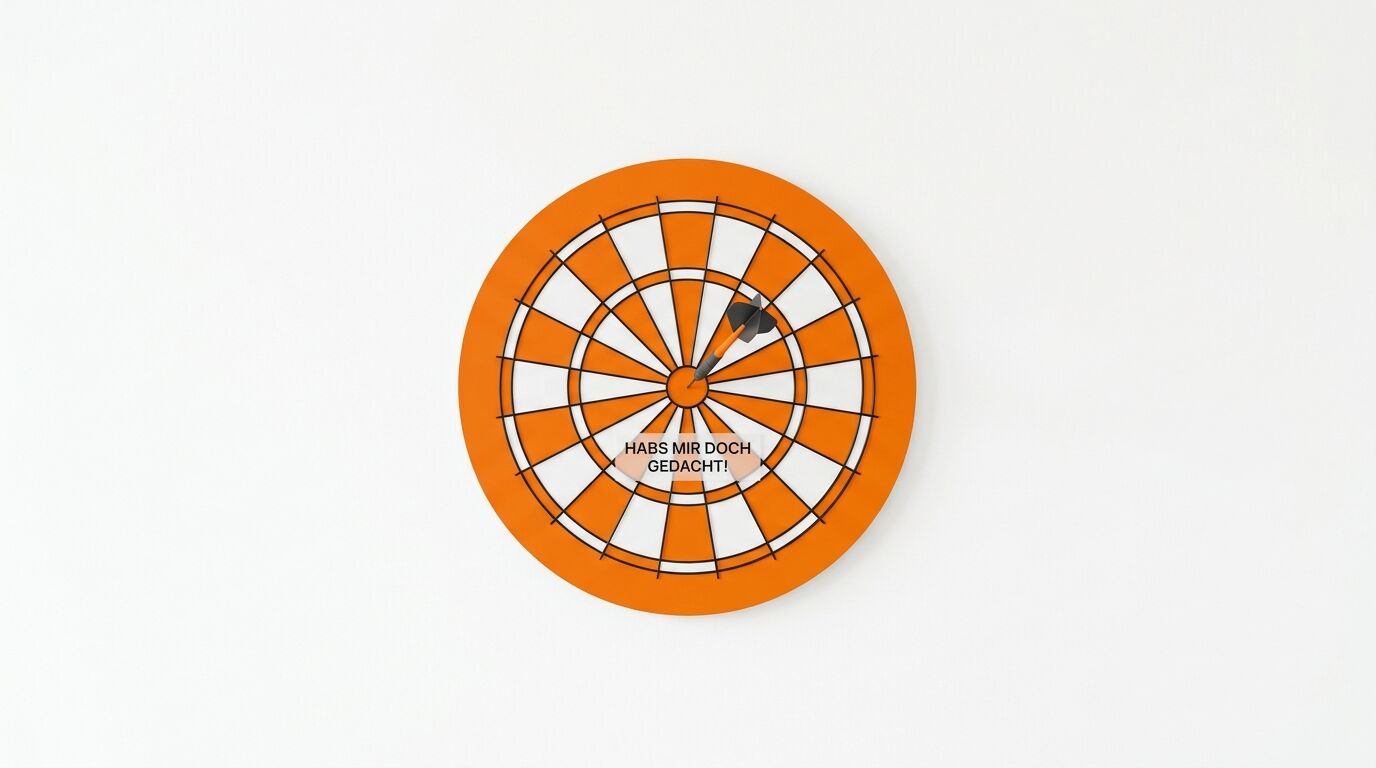 Dartscheibe (orange/weiß) vor weißem Grund. Ein Dart steckt. Text: „HABS MIR DOCH GEDACHT!“