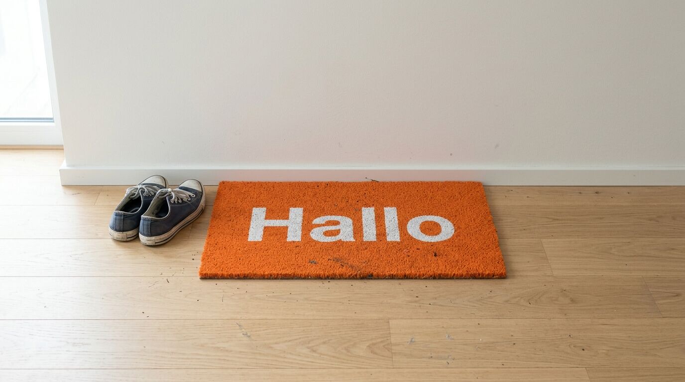 Orangene Fußmatte mit weißem „Hallo“-Schriftzug und blaue Sneaker auf Holzboden