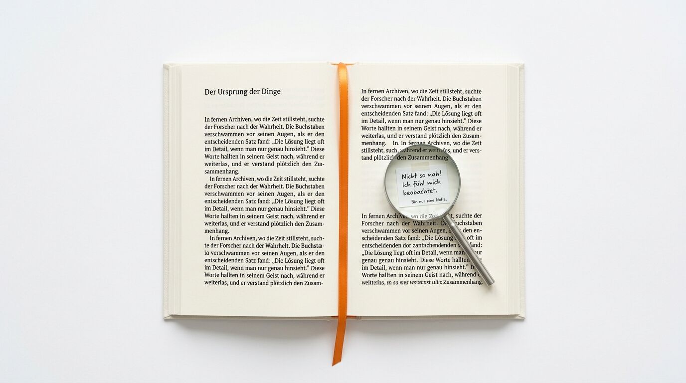 Offenes Buch, Lupe vergrößert einen Teil des Textes, orangenes Leseband
