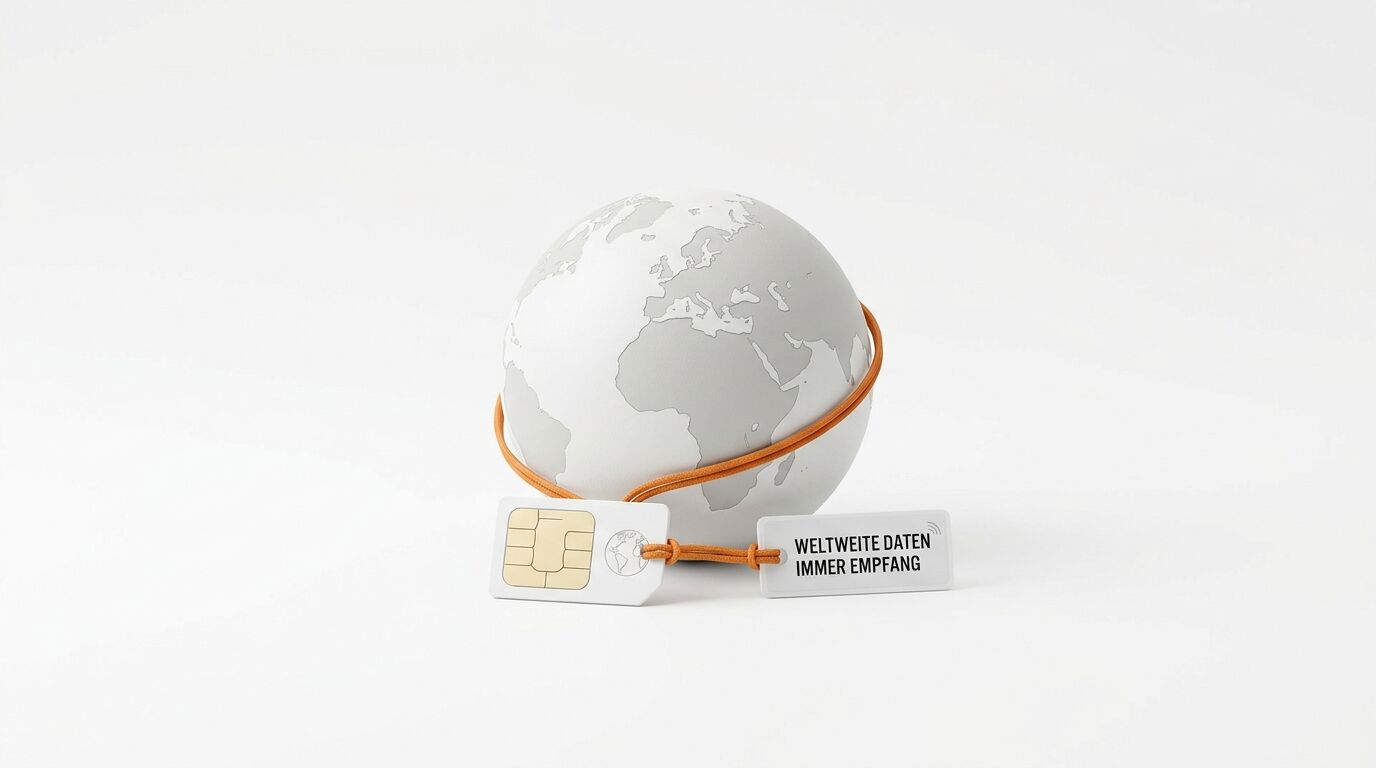 Ein weiß-grauer Globus mit einem orangenen Band, einer SIM-Karte und einem Werbeschild davor