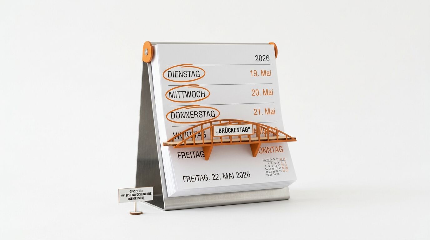 Tischkalender für Mai 2026 mit einer Miniaturbrücke, die einen Brückentag symbolisiert