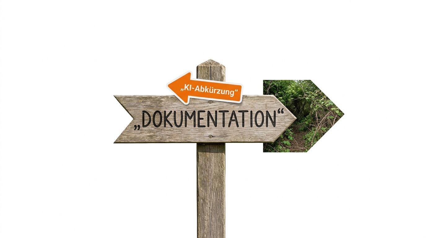 Wegweiser: „DOKUMENTATION“ (rechts), „KI-Abkürzung“ (links, oranger Pfeil), Gebüsch-Bild rechts