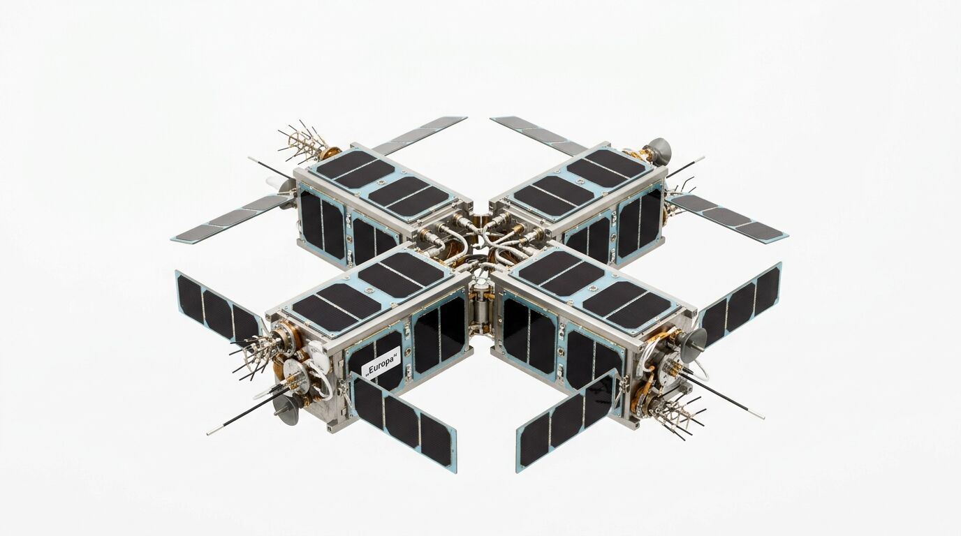 Satelliten-Cluster aus vier Einheiten mit Solarzellen, Antennen und Triebwerken auf weiß