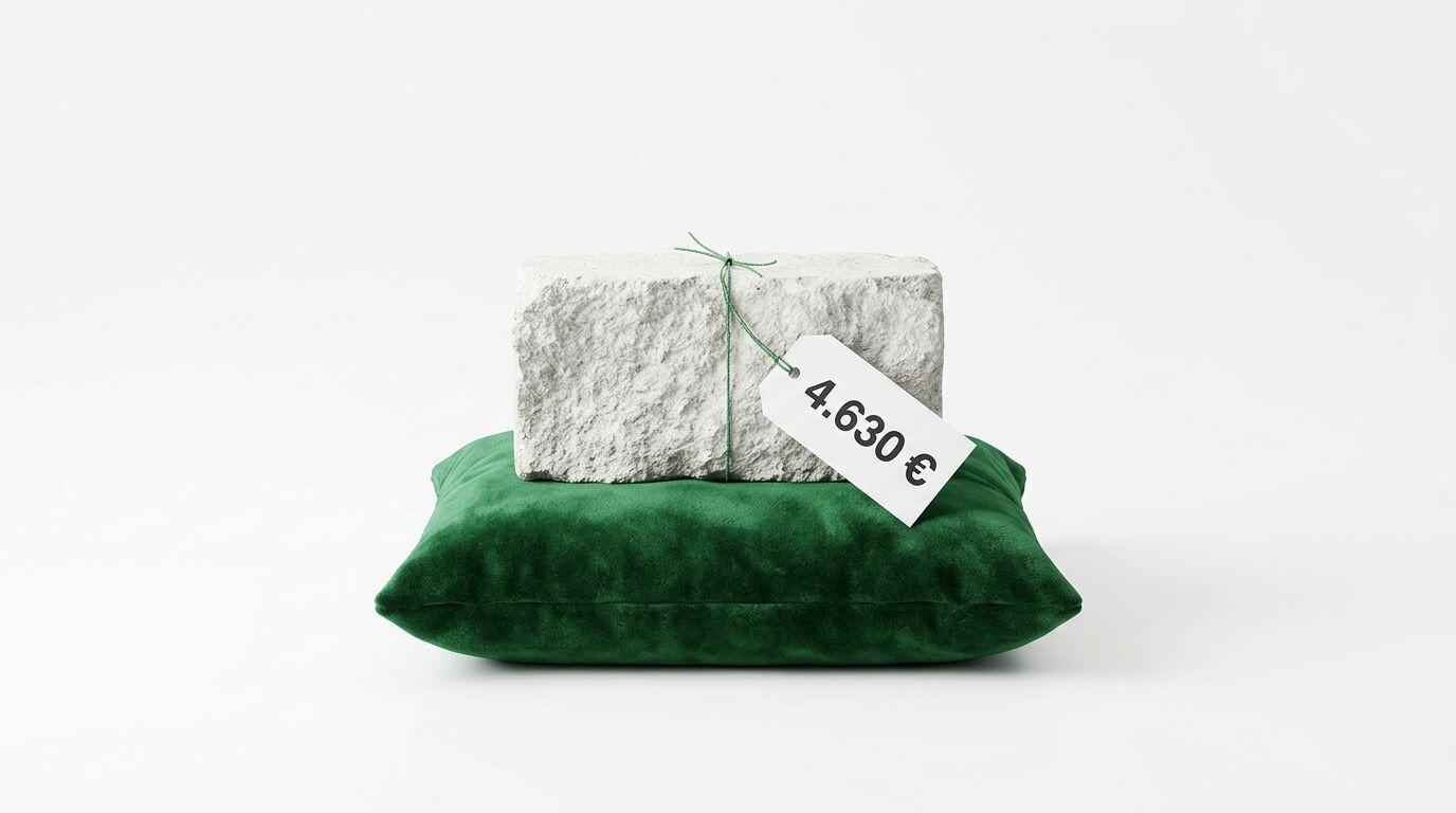 Ein Betonblock mit einem Preisschild von 4.630 € liegt auf einem grünen Kissen vor weißem Hintergrund