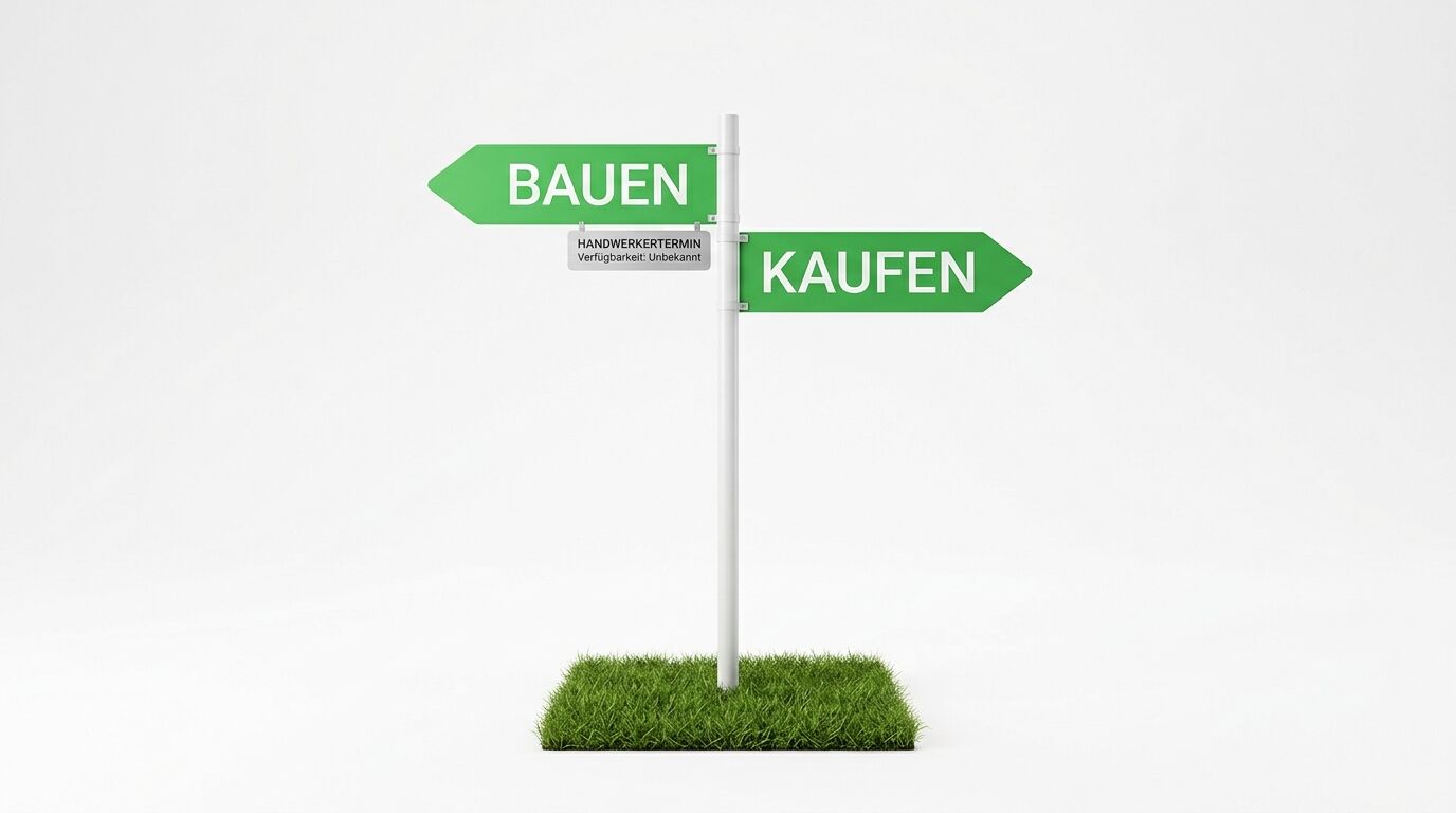 Wegweiser auf Rasen: links „BAUEN“, rechts „KAUFEN“, darunter „HANDWERKERTERMIN Verfügbarkeit: Unbekannt“