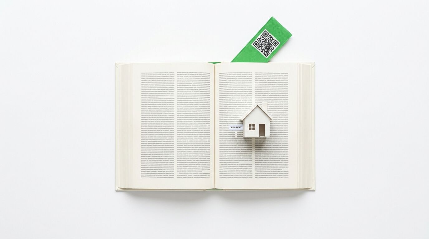 Draufsicht auf offenes Buch mit kleinem Hausmodell und grünem QR-Code-Lesezeichen