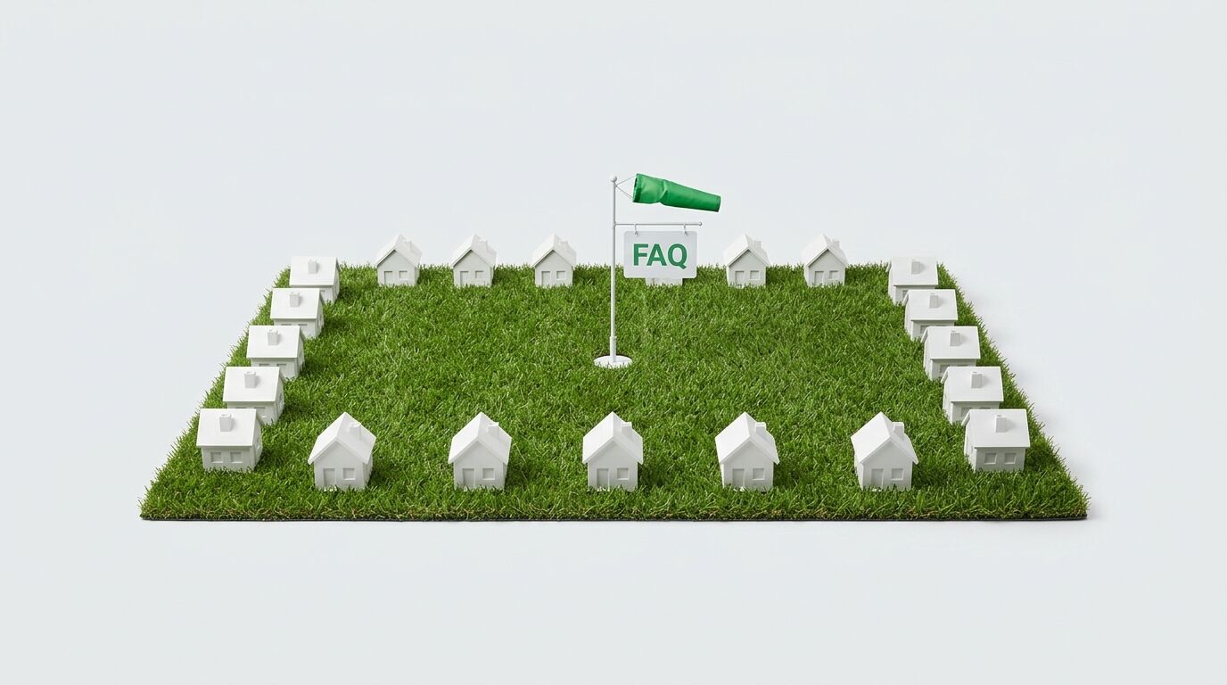 Miniaturhäuser auf Gras umgeben ein FAQ-Schild mit Windsack