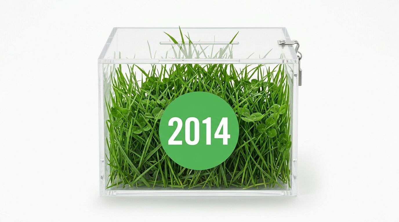 Glaskasten mit Gras, Klee und grünem „2014“-Kreis