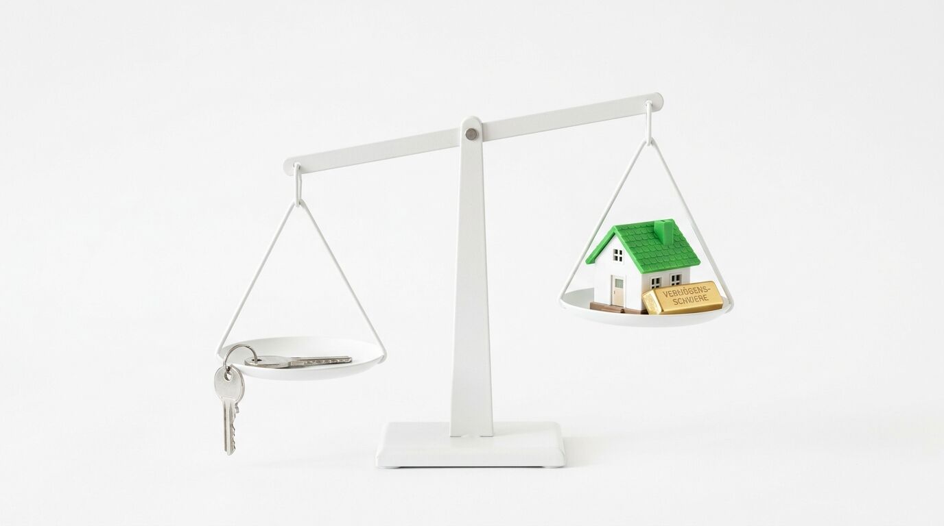 Waage mit Schlüsseln links, Haus und Goldbarren rechts