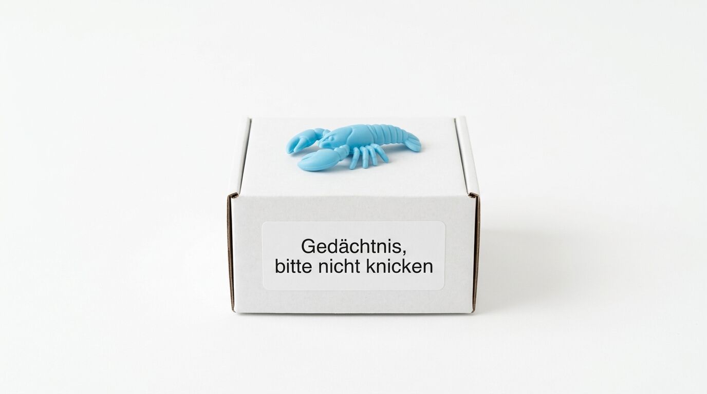 Ein weißer Karton mit blauer Plastikgarnele oben und Textaufkleber vorne