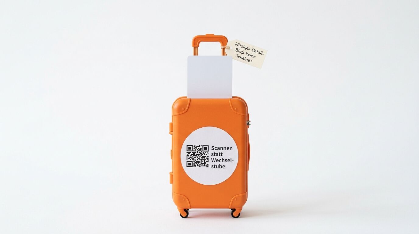 Oranger Miniatur-Trolley mit QR-Code-Aufkleber vor weißem Hintergrund
