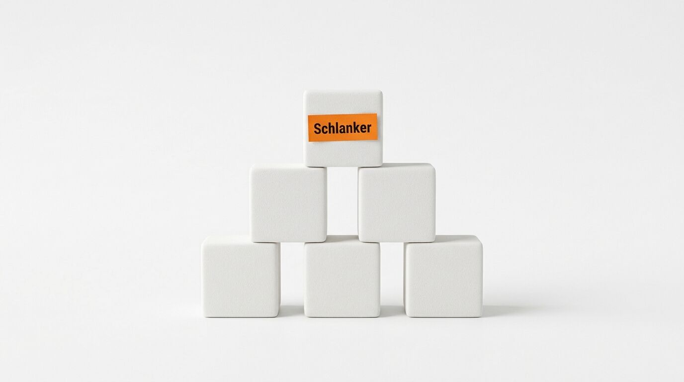 Eine Pyramide aus 6 weißen Würfeln auf weißem Grund. Oben ein orangefarbenes Band mit der Aufschrift „Schlanker“