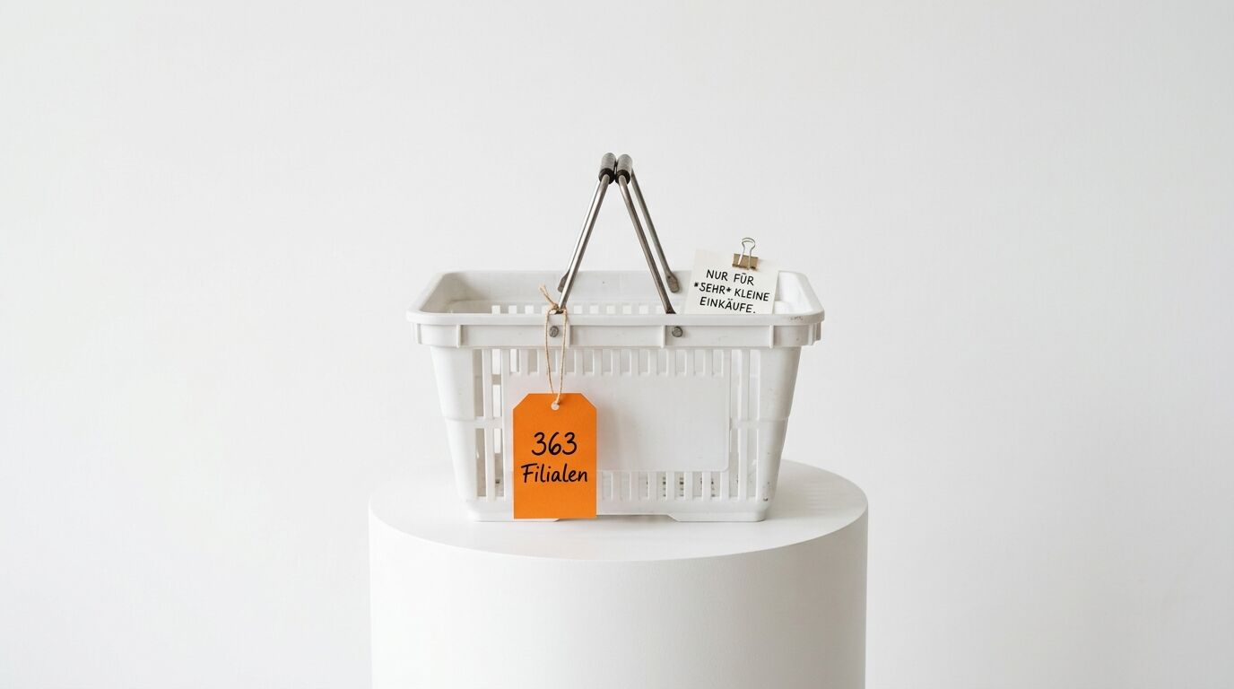 Mini-Einkaufskorb auf weißem Sockel mit orangefarbenem Anhänger, weißem Schild und Metalgriffen