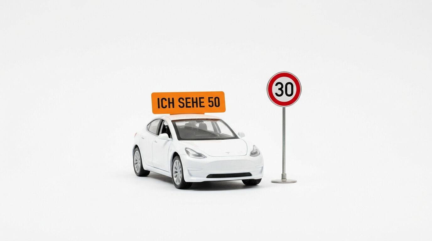 Modellauto mit Dachschild und Verkehrsschild vor weißem Hintergrund